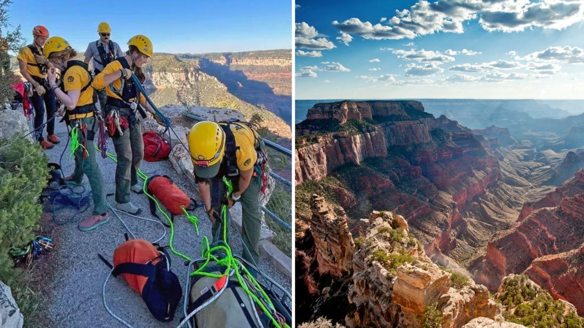 A split images. On the left, rescuers in gear prepare for a rescue mission. On the right is the Grand Canyon North Rim.