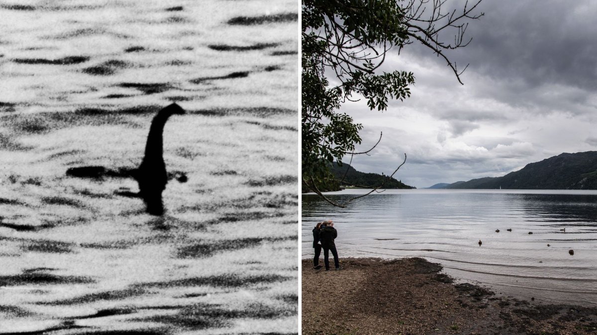 A split image. On the left is the "surgeon's photograph" of the Loch Ness monster. On the right, a couple is seen standing by the water as they search for Nessie in Loch Ness.