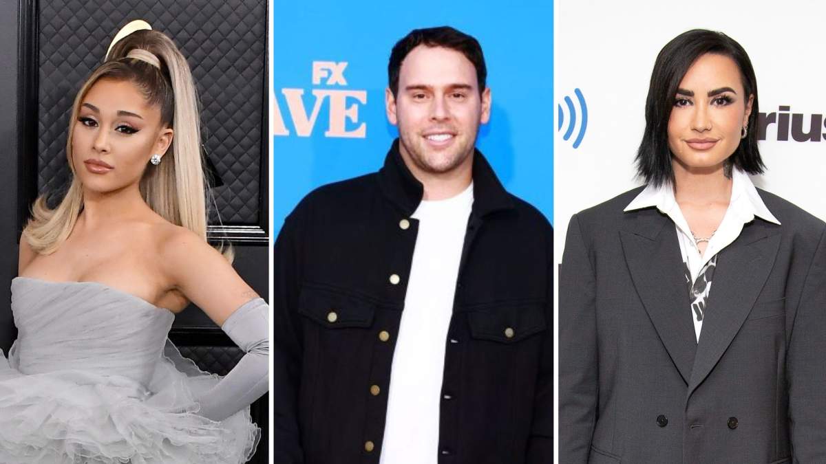 A split image. On the left is Ariana Grande. In the centre is Scooter Braun. On the right is Demi Lovato.