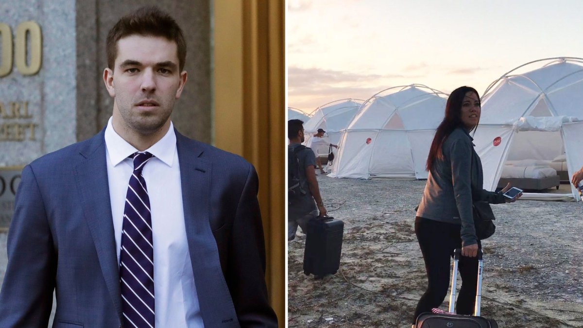 A split photo. On the left is Billy McFarland. On the right a woman stands in front of FEMA tents at Fyre Festival in 2017.