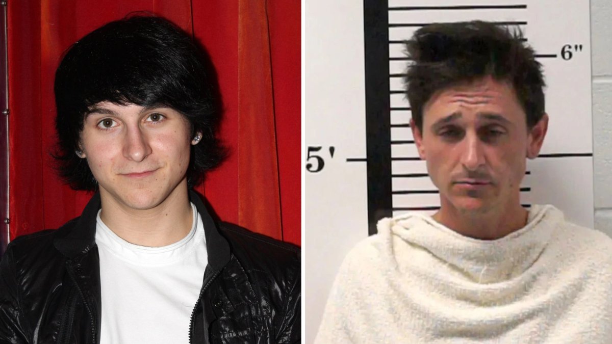 A split image. On the left is Mitchell Musso in 2009. On the right is Musso's mugshot.