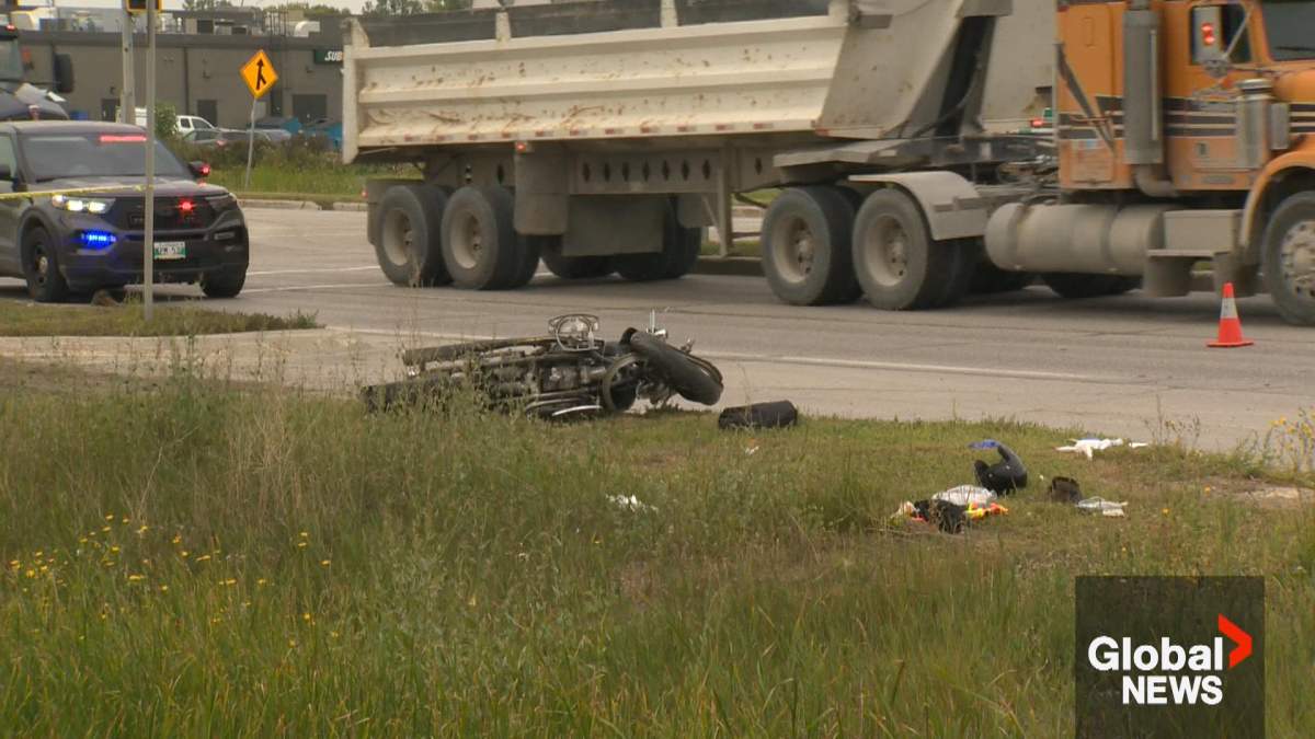 Winnipeg police say a motorcycle driver was sent to hospital after hitting a curb and losing control on Lagimodiere Boulevard Tuesday. 