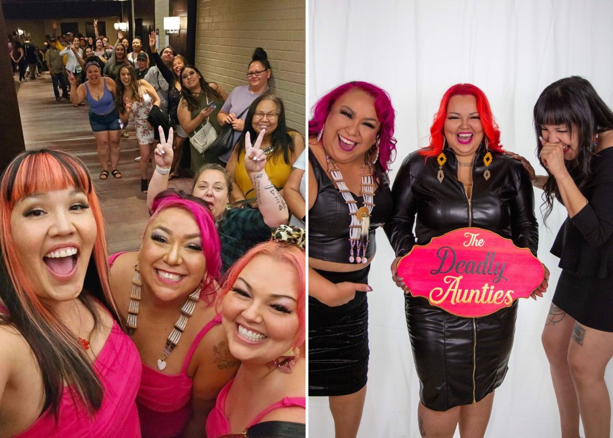 A collage of two images. On the left is three Indigenous woman posing for a selfie with fans in the background, on the right is three women wearing black leather with a sign that reads 'The Deadly Aunties'