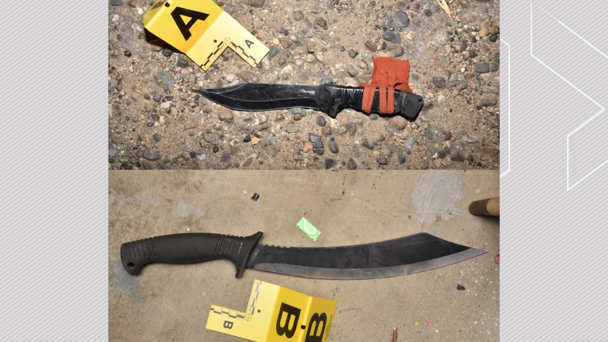 A pair of weapons found after the Medicine Hat Police Service interacted with a man on Aug. 6, 2023. That man later died in hospital.