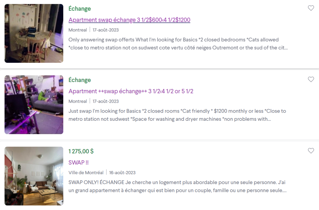 A list of apartment listings available for swapping in Montreal.