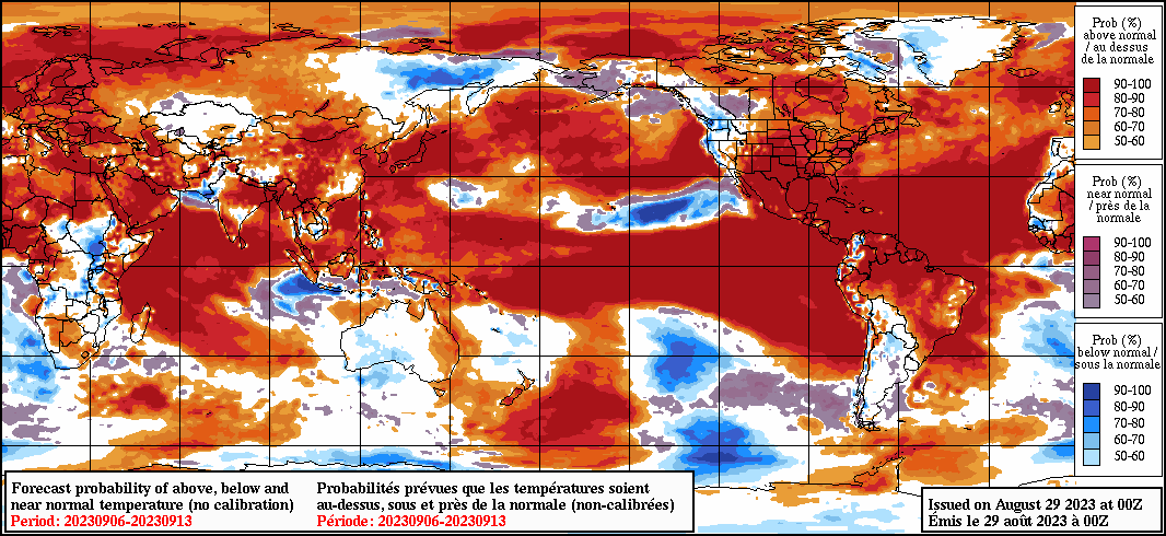 Global temperature anomaly map showing the probability of above, below or near-normal temperatures for the period September 6-13 2023.