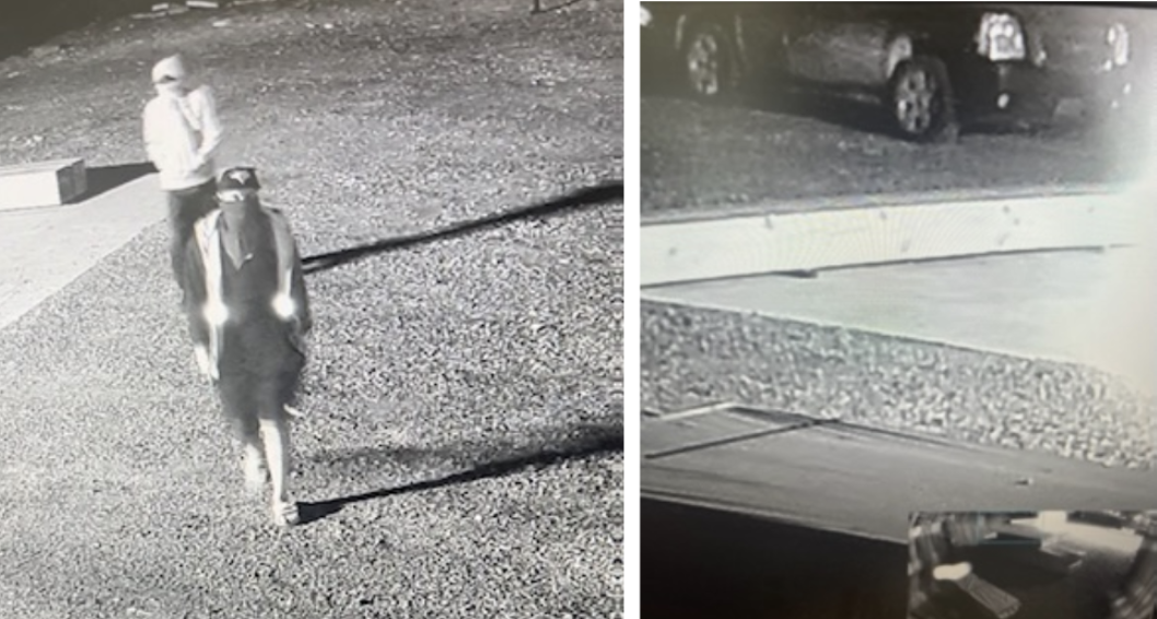 Surveillance video images of the suspects and the vehicle used in the theft of the trailer on Aug. 21, 2023.