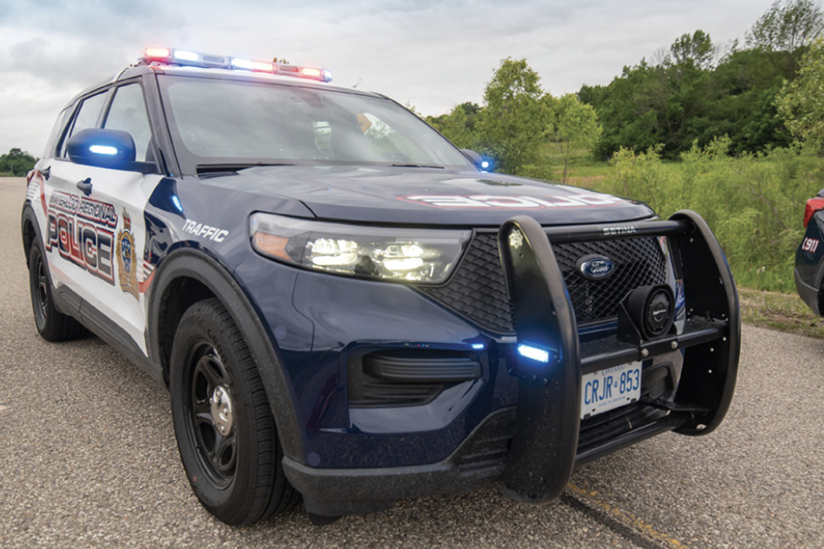 A Waterloo Regional Police cruiser. Police say they tracked down a man while also seizing a conducted energy weapon, a knife, and homemade brass knuckles over the weekend.