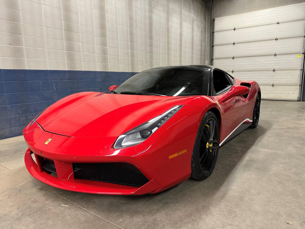 A 2017 Ferrari 488 stolen from Ontario in August 2023, that was recovered by RCMP from an rural subdivision south of Edmonton, Alta. on Friday, Sept. 15, 2023.