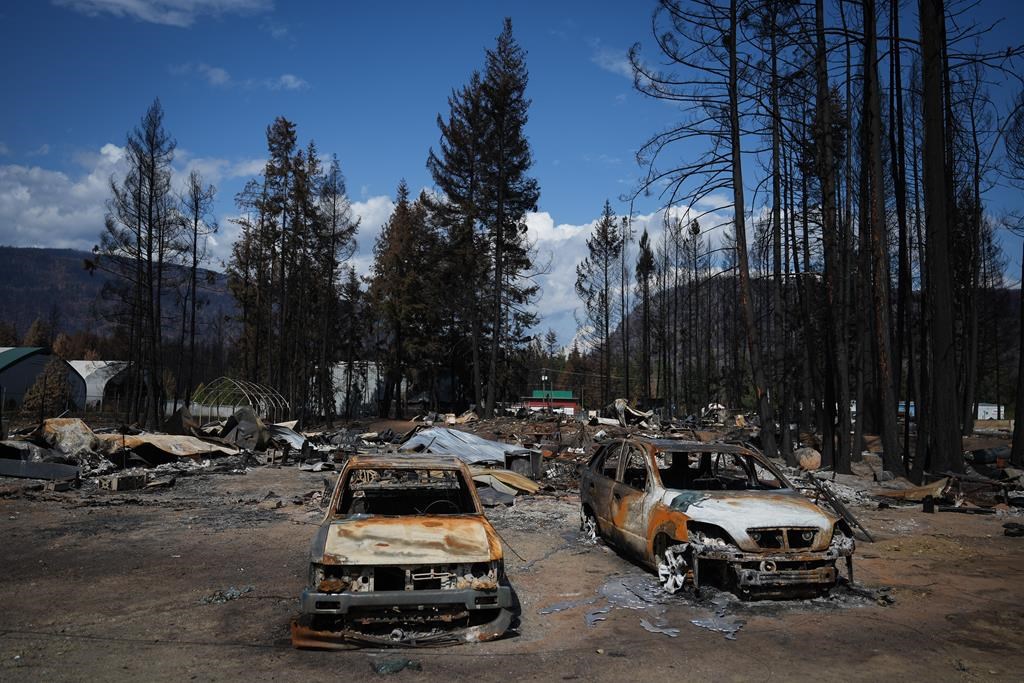 Burned vehicles are seen at a property destroyed by the Bush Creek East wildfire, in Scotch Creek, B.C., Wednesday, Sept. 6, 2023.