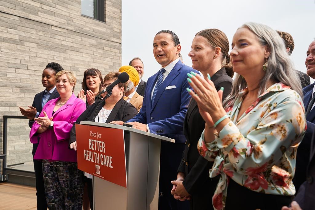 Manitoba NDP Leader Wab Kinew speaks to media during a press conference in Winnipeg, Tuesday, Sept. 5, 2023. 