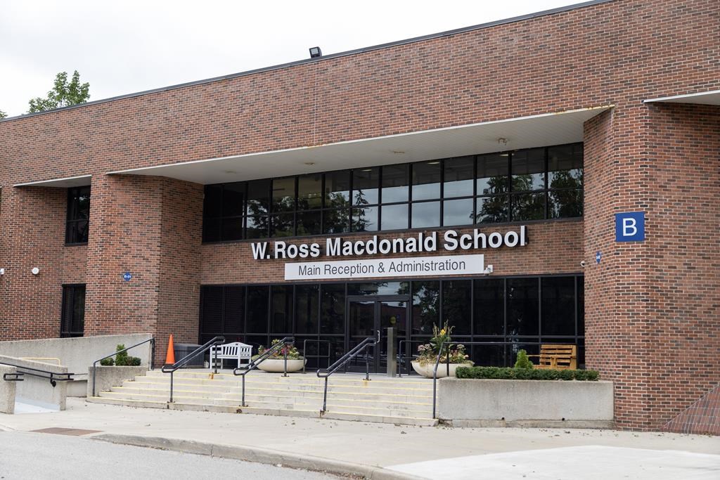 A coroner’s jury looking into the 2018 death of an 18-year-old at an Ontario school for blind children has released its recommendations. The W. Ross Macdonald School for the Blind in Brantford Ont., is shown on Wednesday, August 30, 2023. 