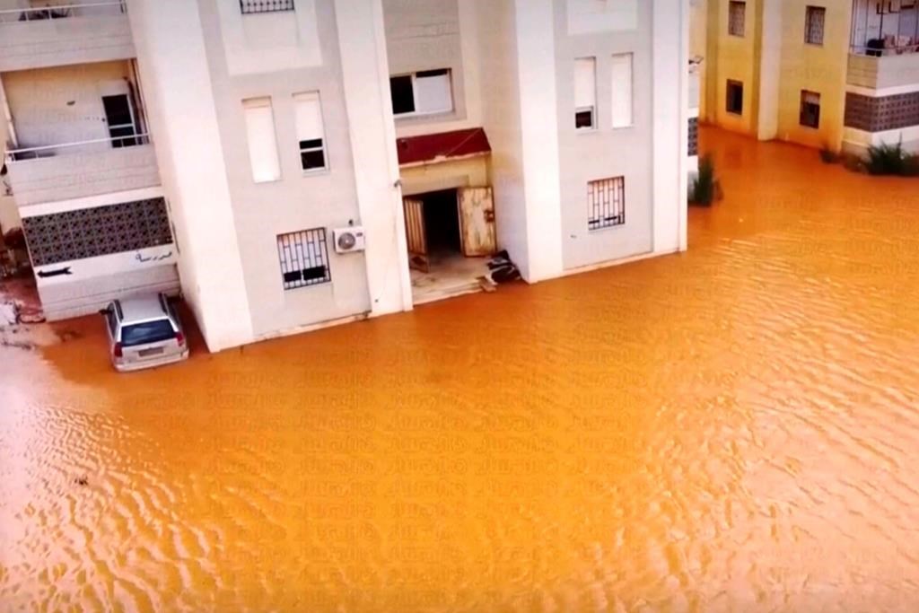 Streets a flooded after storm Danial in Marj, Libya, Monday, Sept. 11, 2023. The head of one of Libya’s rival governments says that 2,000 people are feared dead in flooding that swept through the eastern parts of the north African nation. (Libya Almasar TV via AP)