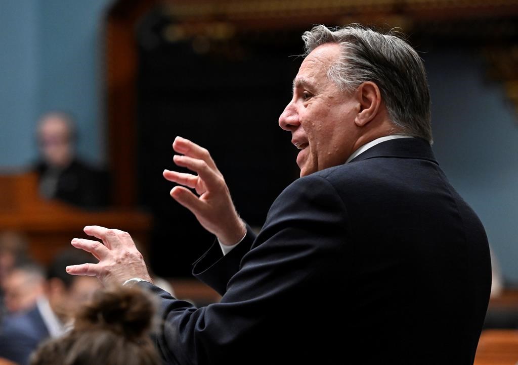 Quebec Premier François Legault responds to the Opposition during question period Wednesday, Sept. 13, 2023, at the legislature in Quebec City. Quebec politicians are railing against a Quebec City junior college's decision to host a weeklong event promoting English. 