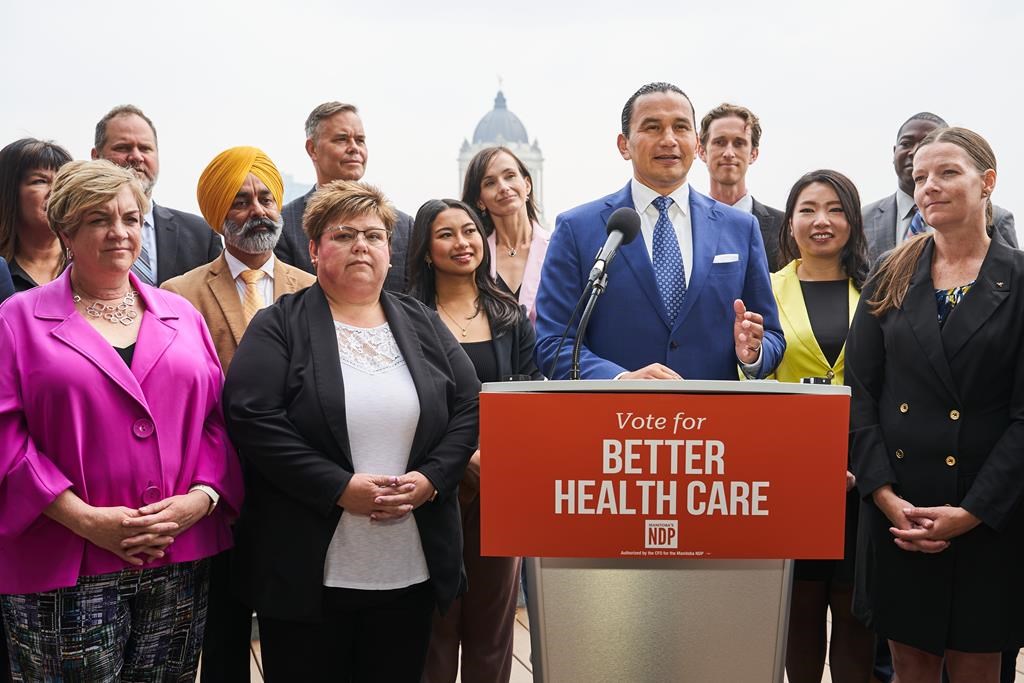 Manitoba NDP Leader Wab Kinew speaks to media during a press conference to kick off the 2023 Manitoba election campaign at the West Broadway Commons in Winnipeg on Tuesday, September 5, 2023. Hospitals are becoming a familiar backdrop for the New Democrats in the Manitoba election campaign. 