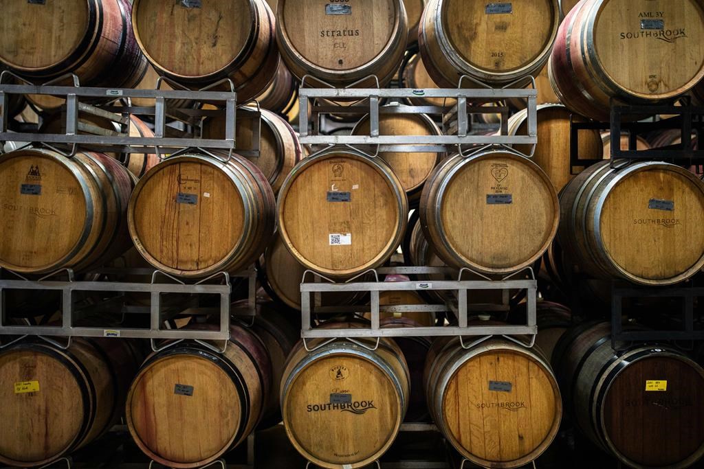 Barrels of wine are shown in the cellar at Southbrook Organic Vineyards in Niagara-on-the-Lake, Ont., Thursday, Sept. 1, 2022.
