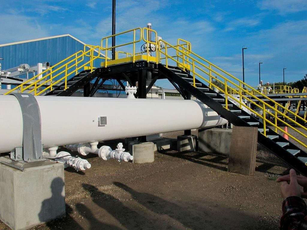 This photo taken in October 2016 shows an aboveground section of Enbridge's Line 5 at the Mackinaw City, Mich., pump station.