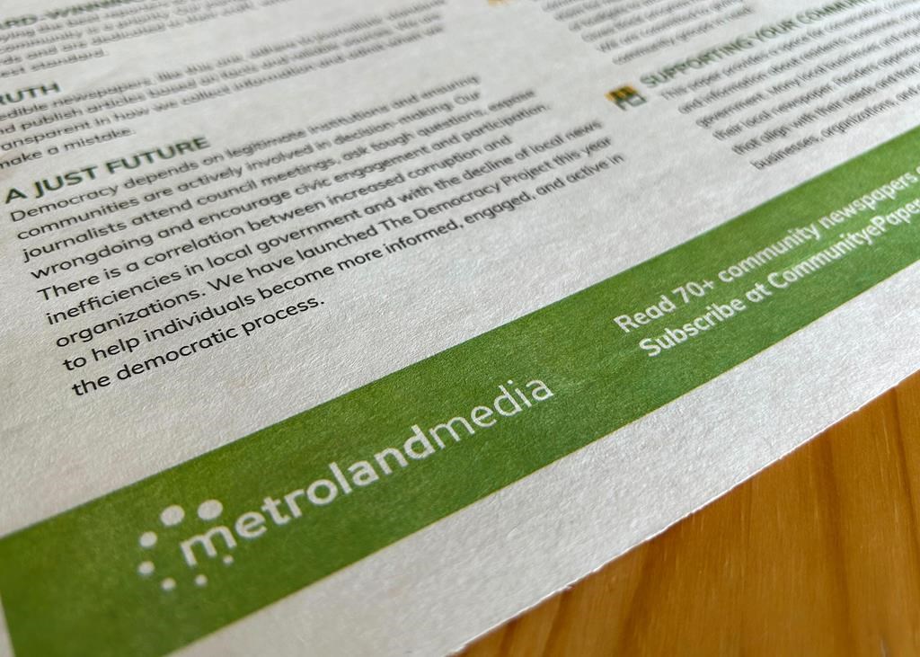 Marketing experts say Metroland Media Group's move to stop printing 70 of its community papers may push many companies even further toward digital marketing.The logo of Metroland Media is seen on a flyer in Mississauga, Ont., Friday, Sept. 15, 2023. 