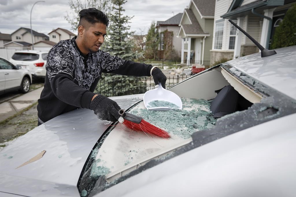 Severe summer storms in Alberta and the Prairies this year resulted in over $300 million in insured losses, according to the initial estimates from Catastrophe Indices and Quantification Inc. Sukh Singh, 22, sweeps up broken glass from his car as cleanup begins in Calgary, Alta., Sunday, June 14, 2020, after a major hail storm.