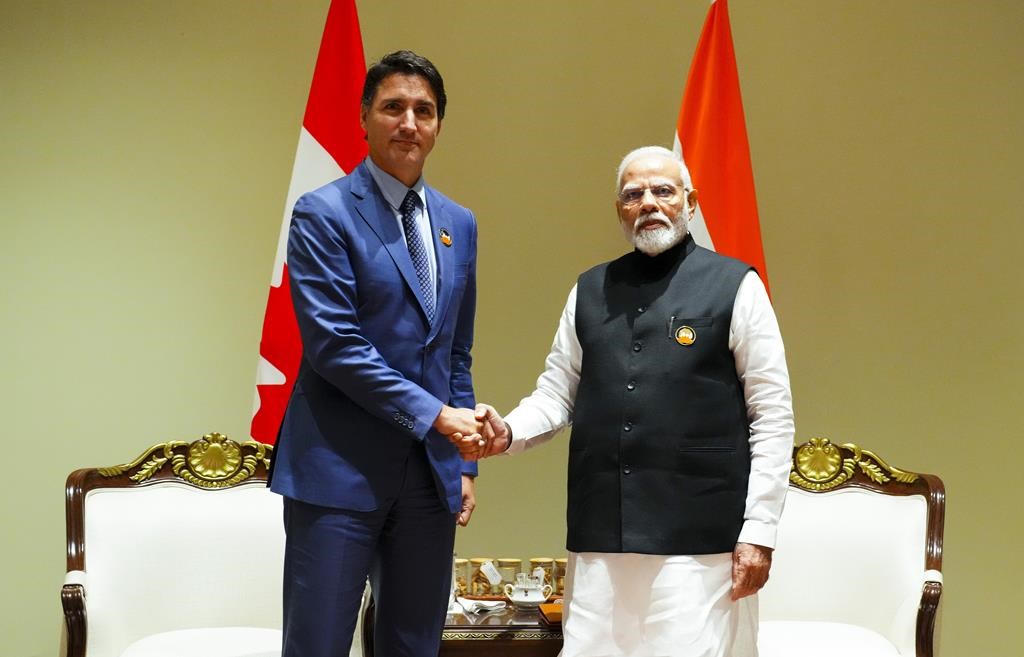 Experts say Canada's already lagging trade with India could take a hit from increasingly tense relations, including the potential for the country to impose punitive measures in response to the allegations leveled against it. Prime Minister Justin Trudeau takes part in a bilateral meeting with Indian Prime Minister Narendra Modi during the G20 Summit in New Delhi, India on Sunday, Sept. 10, 2023. 