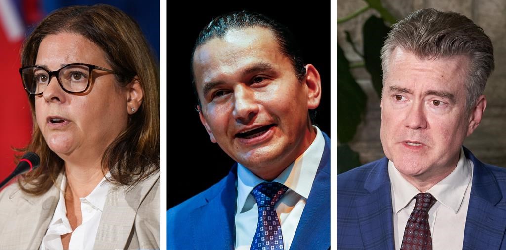 From left to right, Progressive Conservative Party of Manitoba Leader Heather Stefanson; Manitoba NDP Leader Wab Kinew; and Manitoba Liberal Party Leader Dougald Lamont. The three leaders will appear at a lunchtime debate hosted by the Winnipeg Chamber of Commerce on Wednesday.