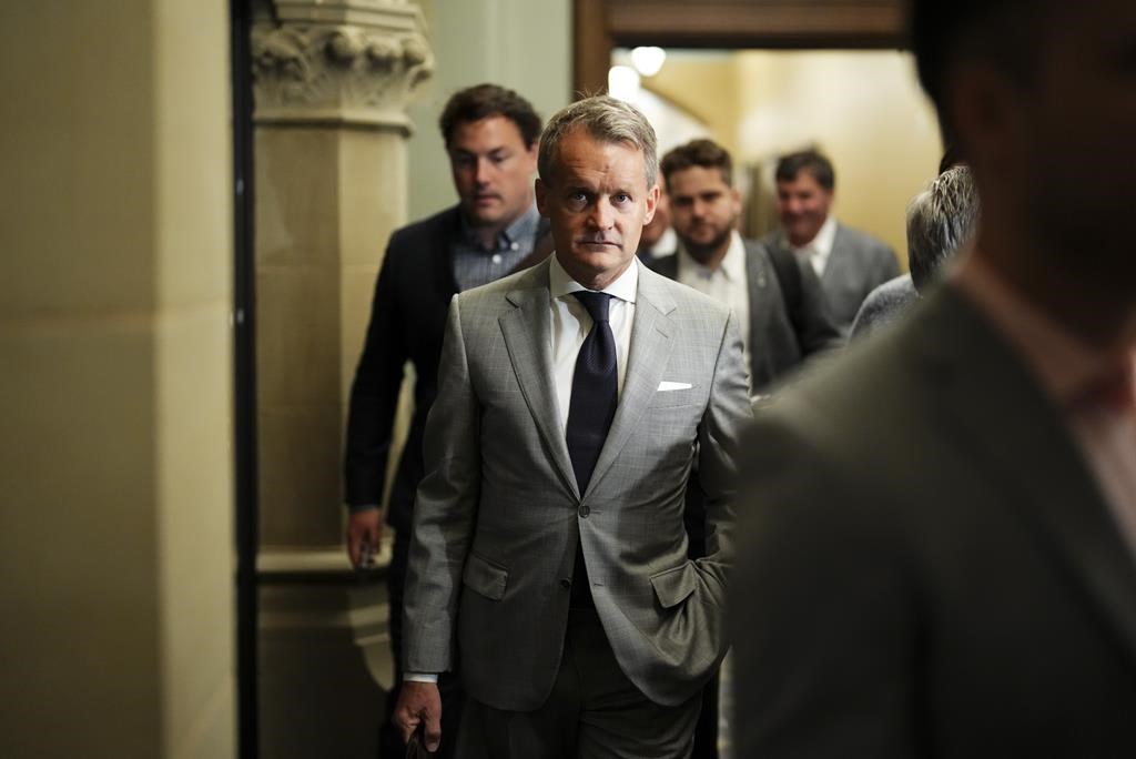 Labour and Seniors Minister Seamus O’Regan arrives to a Liberal caucus meeting on Parliament Hill in Ottawa on Wednesday, Sept. 20, 2023. The Atlantic Liberal caucus is slamming the Conservative Party for opposing new legislation that would extend the Atlantic accords to include renewable energy and not fossil fuels. THE CANADIAN PRESS/Sean Kilpatrick.