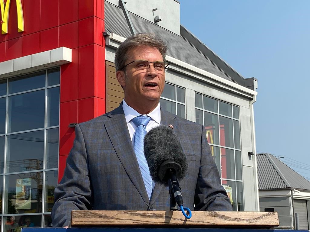 Manitoba's Progressive Conservatives are promising to fund more treatment spaces across the province for individuals living with addictions. Manitoba Environment Minister Kevin Klein speaks to reporters in Winnipeg, Monday, July 31, 2023. THE CANADIAN PRESS/Steve Lambert.