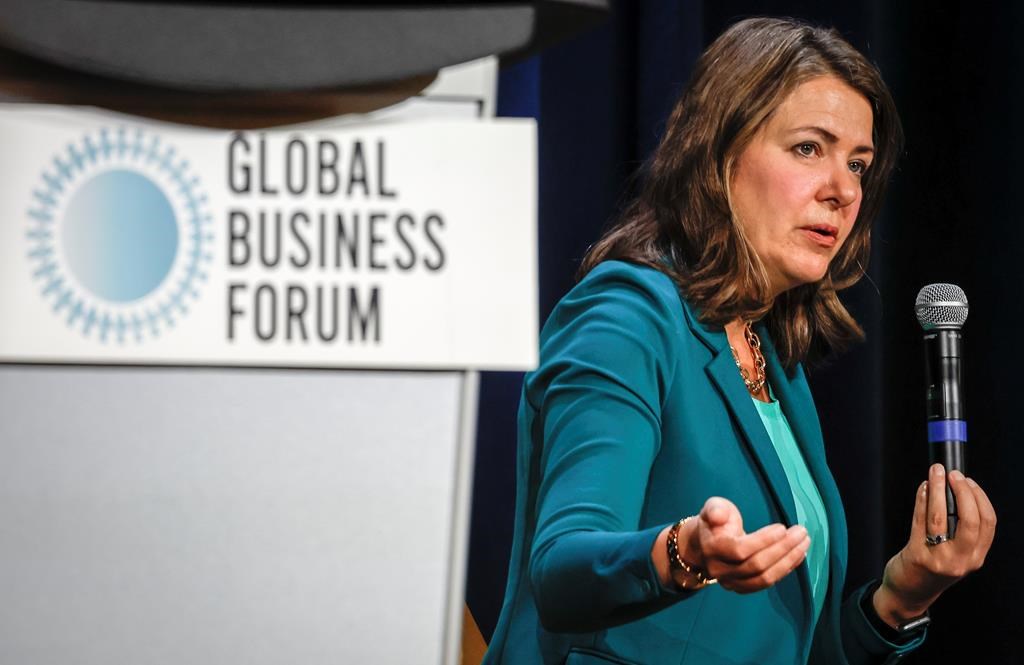 Alberta Premier Danielle Smith speaks to business leaders at the Global Business Forum in Banff, Alta., Friday, Sept. 22, 2023. Smith told the conference that despite her concerns with the federal Liberal government there was some cabinet ministers she can work with.