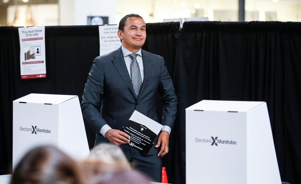 Manitoba provincial NDP Leader Wab Kinew votes in an early poll at a shopping mall in Winnipeg Saturday. Manitobans go to the polls Oct. 3.