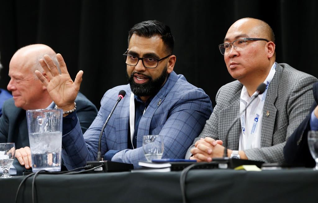 Manitoba PC MLA Obby Khan speaks at a Ministerial Bear Pit Session during the Progressive Conservative Party's annual general meeting at the convention centre in Winnipeg on Saturday, April 15, 2023.