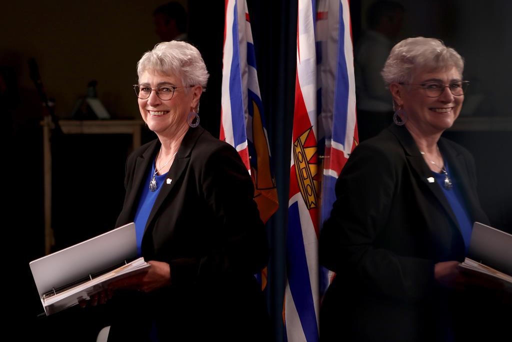 British Columbia's projected deficit in the 2023-2024 fiscal year has grown by more than $2 billion from original estimates to reach almost $7 billion. Minister of Finance Katrine Conroy arrives to the podium during a press conference at the legislature in Victoria, on Wednesday, August 30, 2023. THE CANADIAN PRESS/Chad Hipolito.
