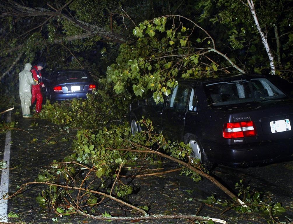 Drivers inspect their vehicles in Halifax early Monday, Sept. 29, 2003 as Hurricane Juan hit the coast of Nova Scotia leaving a wide swath of damage. THE CANADIAN PRESS/Andrew Vaughan.