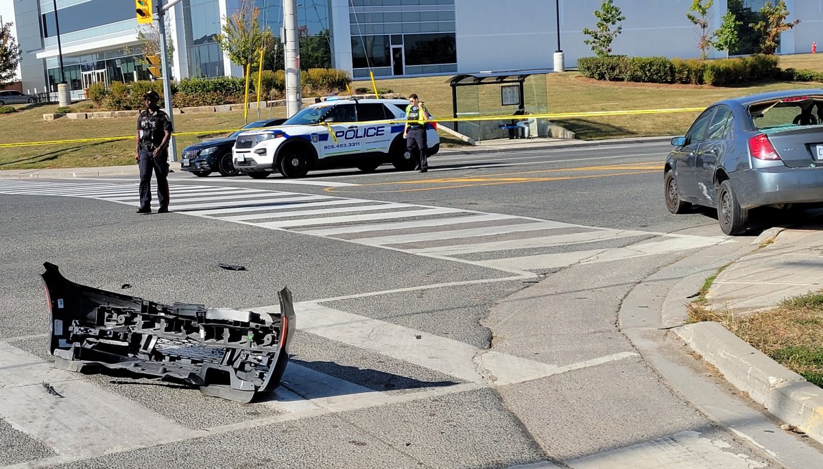 Peel Police were called to the area of Britannia Road and Millcreek Drive for reports of a collision involving two vehicles and a pedestrian. 