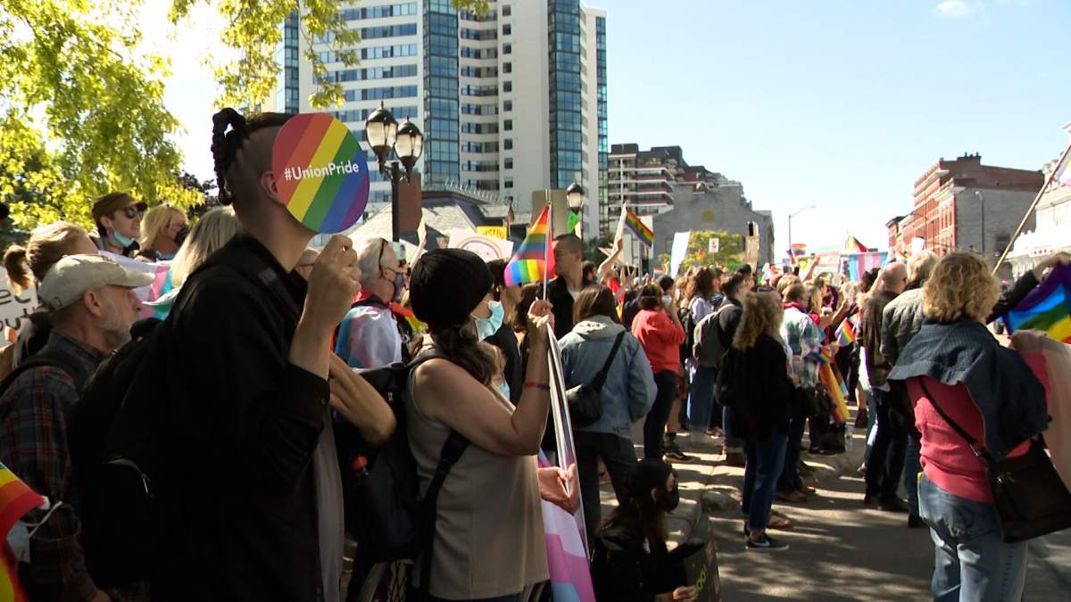 A close shot of counter-protestors in Kingston, Ont., on Sept. 20, 2023.