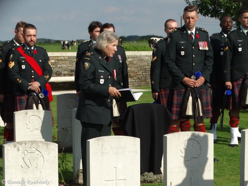 Major Linda Tomlinson-Seebach with the 38 Canadian Brigade Group offered a prayer a new headstone was unveiled on Sept. 14, 2023, over the gravesite of Cpl. Frederick Percival Bousfield.