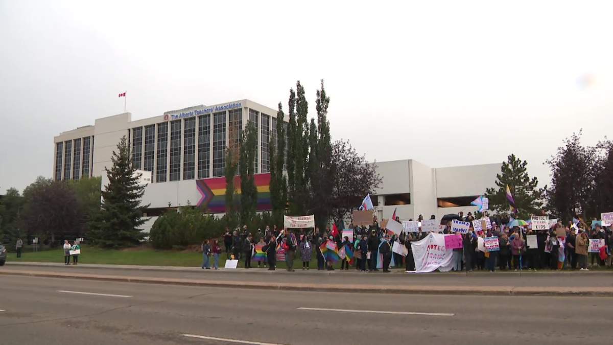 A large, 10-foot by 20-foot Pride flag was torn down from the Alberta Teachers' Association parkade at 142 Street and 111 Avenue on Wednesday, Sept. 20, 2023.