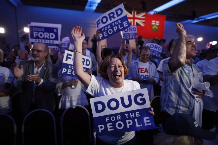 Ontario PC Leader Doug Ford supporters react to his victory in the Ontario provincial election at his election night headquarters in Toronto on Thursday, June 7, 2018.
