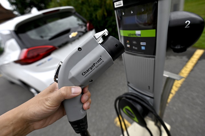A ChargePoint electric vehicle charger is seen in Ottawa, on Tuesday, June 27, 2023. 