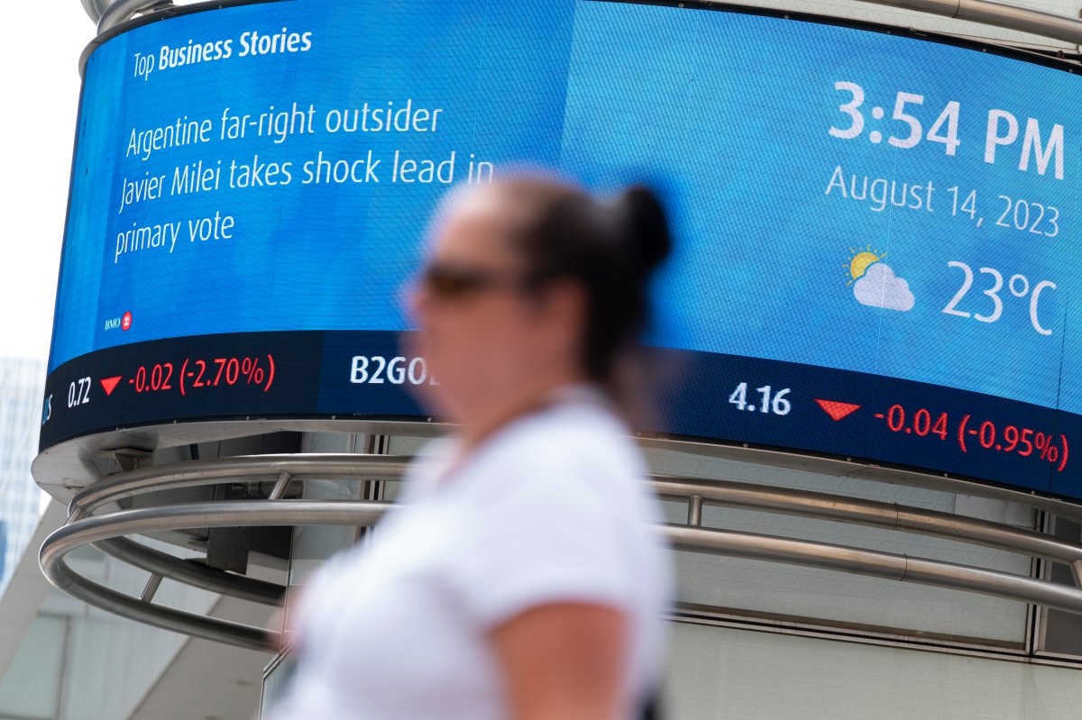 A Bank of Montreal (BMO) electronic ticker showing the stock prices of certain commodities is seen in the Financial District of Toronto, Monday, Aug. 14, 2023. THE CANADIAN PRESS/Spencer Colby.
