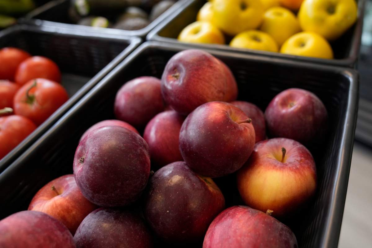 Quebec apple farmers are asking for government help to plant new varieties and modernize their orchards as they try to adapt to climate change and changing consumer tastes. Apples are displayed in Manchester, N.H. on Thursday, June 15, 2023. 