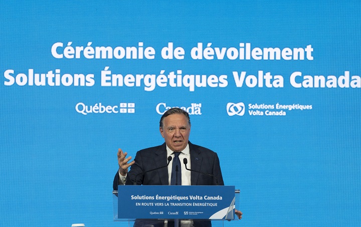 Quebec Premier François Legault, speaks as Volta Energy Solutions, launches the first copper foil plant in Granby, Que., Tuesday, Sept. 5, 2023.  