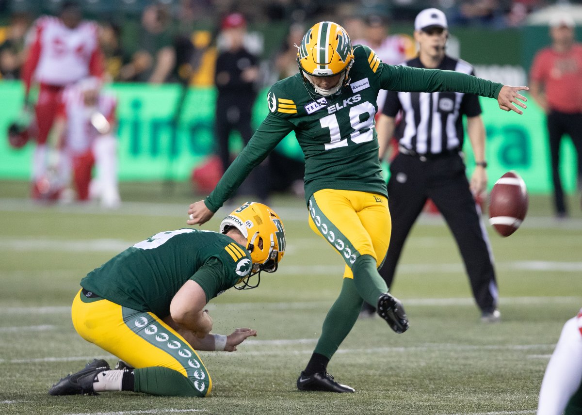 Edmonton Elks Dean Faithfull (18) kicks a field goal for the win against the Calgary Stampeders during second half CFL action in Edmonton on Saturday, September 9, 2023. 