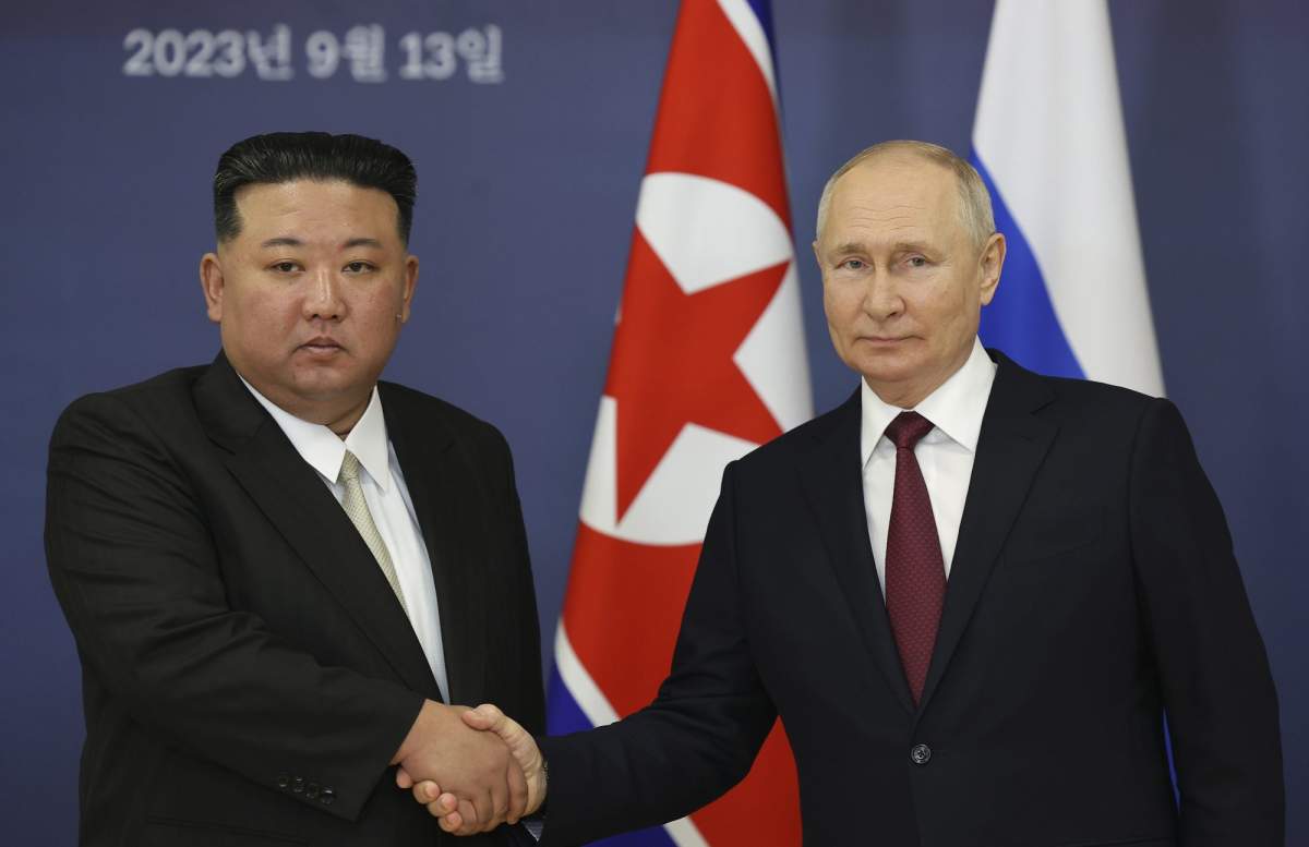 Russian President Vladimir Putin, right, and North Korea’s leader Kim Jong Un shake hands during their meeting at the Vostochny cosmodrome outside the city of Tsiolkovsky, about 200 kilometers (125 miles) from the city of Blagoveshchensk in the far eastern Amur region, Russia, on Wednesday, Sept. 13, 2023. (Vladimir Smirnov, Sputnik, Kremlin Pool Photo via AP)