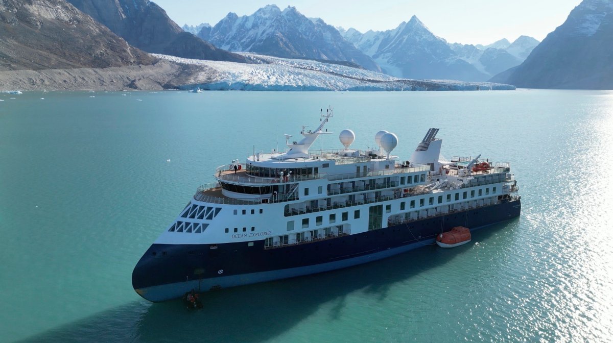 A view of the Ocean Explorer, a Bahamas-flagged Norwegian cruise ship with 206 passengers and crew, which ran aground in northwestern Greenland.