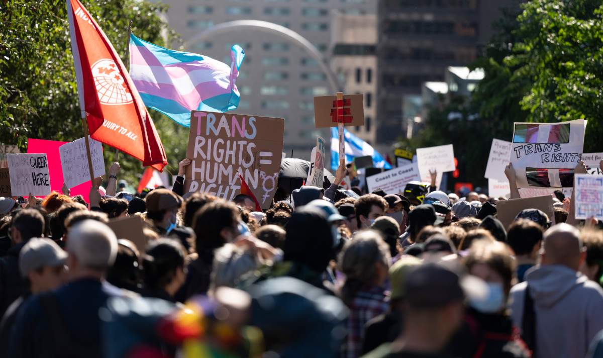Protesters and counter protesters regarding sexual orientation and gender identity programs in schools, demonstrate in Montreal, Wednesday, Sept. 20, 2023. The protest was one of many across Canada, organized by “1MillionMarch4Children” as they protest against so-called “gender ideology” being taught in schools.