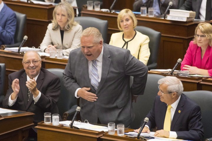 Ontario Premier Doug Ford takes a bow after bragging about his election victory during Question Period at the Ontario Legislature in Toronto on Monday, July 30, 2018.