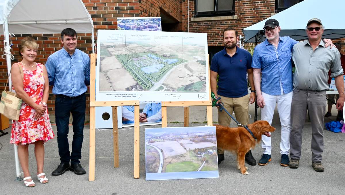 The artist rendering unveil of the Campus of Care was held during the 70th anniversary celebration for Campbellford Memorial Hospital on Aug. 26. From left, Carrie Hayward, CMH board chair; Michael Metcalf, deputy mayor of Trent Hills; David Piccini, Northumberland-Peterborough South MPP; Jeff Hohenkerk, CMH president and CEO and land donor Jim Curle.
