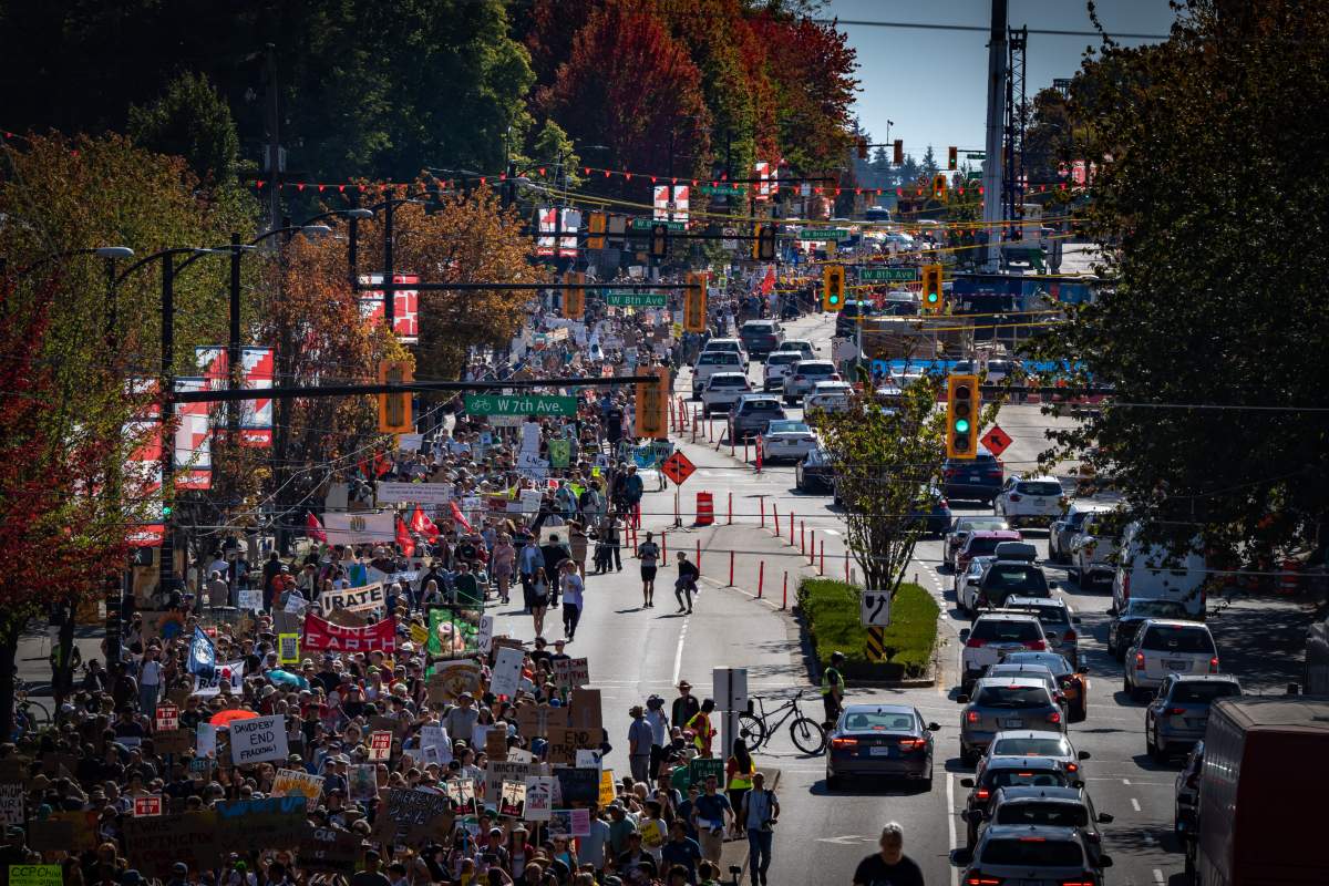 People march down Cambie Street during the Global Climate Strike protest in Vancouver