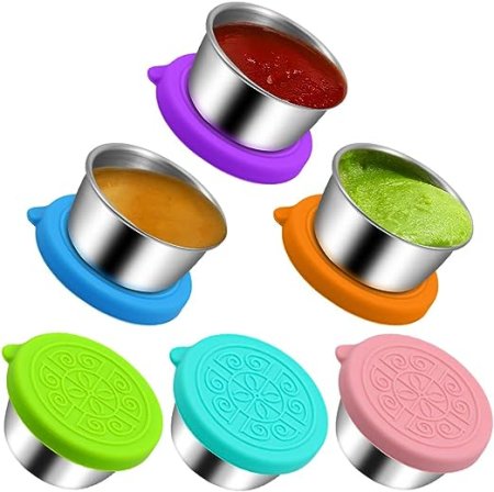 Small stainless steel dip containers with variety of colour of lids