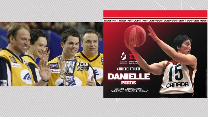 File photos. ON THE LEFT: Lead Marcel Rocque, left to right, second Scott Pfeifer, David Nedohin, and skip Randy Ferbey celebrate after winning the 2006 Players Championship final in Calgary, Sunday, April 16, 2006. ON THE RIGHT: Danielle Peers, a wheelchair basketball player who was born and raised in Edmonton.
